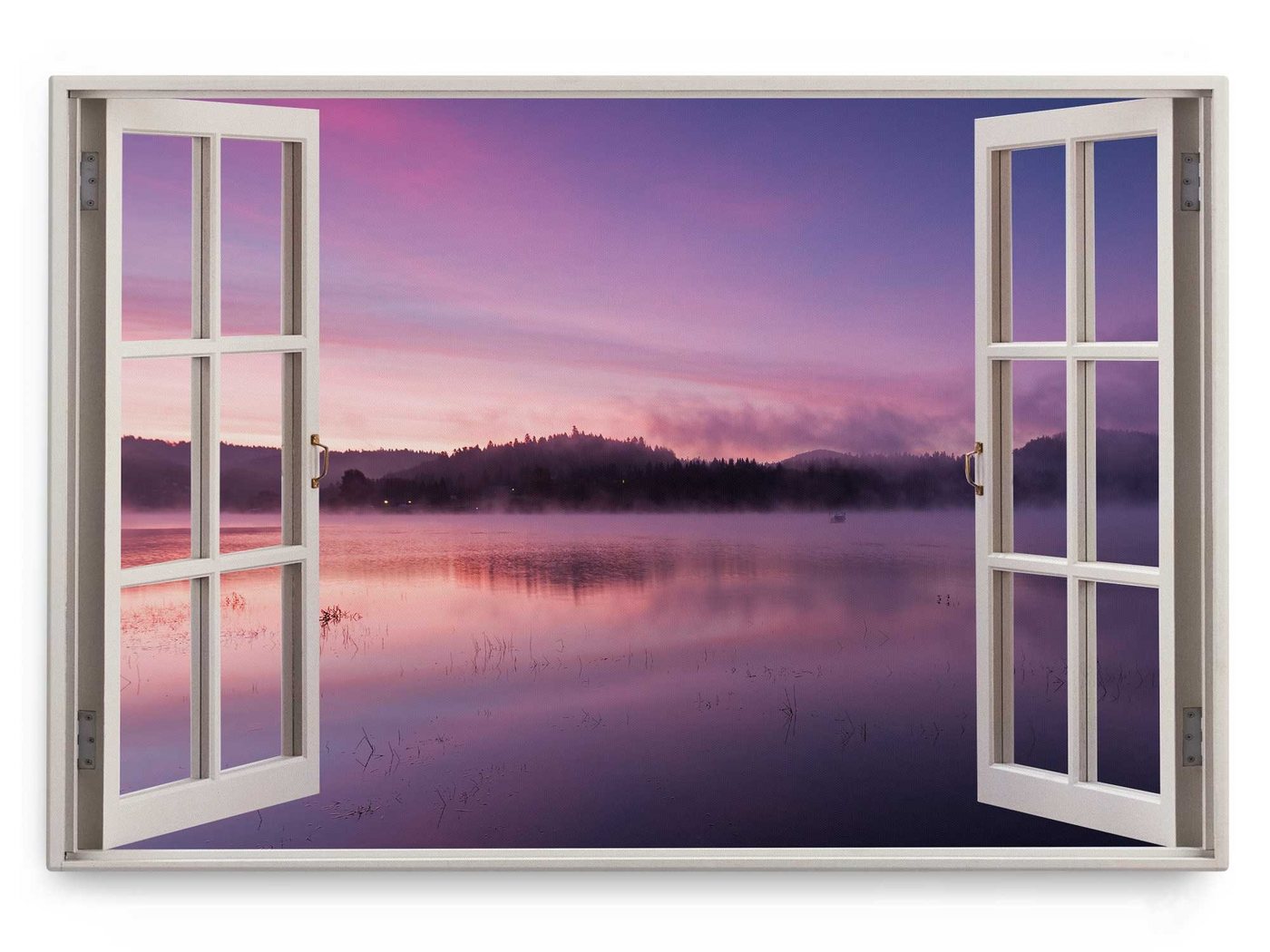 Sinus Art Leinwandbild Wandbild 120x80cm Fensterbild Abenddämmerung See Natur Rosa Nebel, (1 St) von Sinus Art