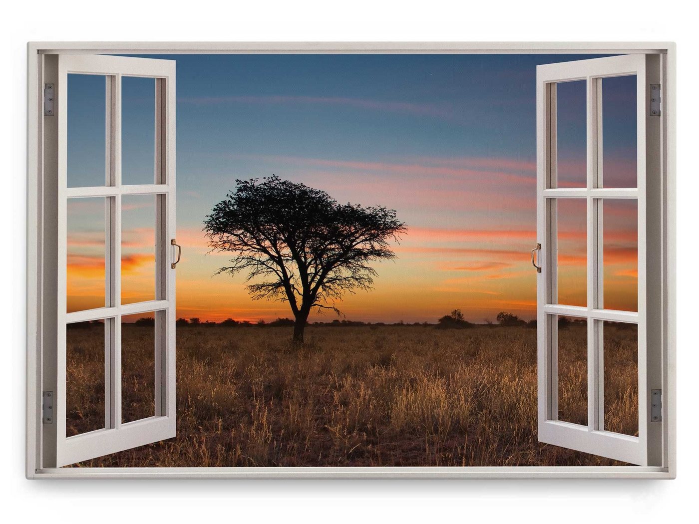 Sinus Art Leinwandbild Wandbild 120x80cm Fensterbild Abendrot Natur Landschaft roter Himmel S, (1 St) von Sinus Art