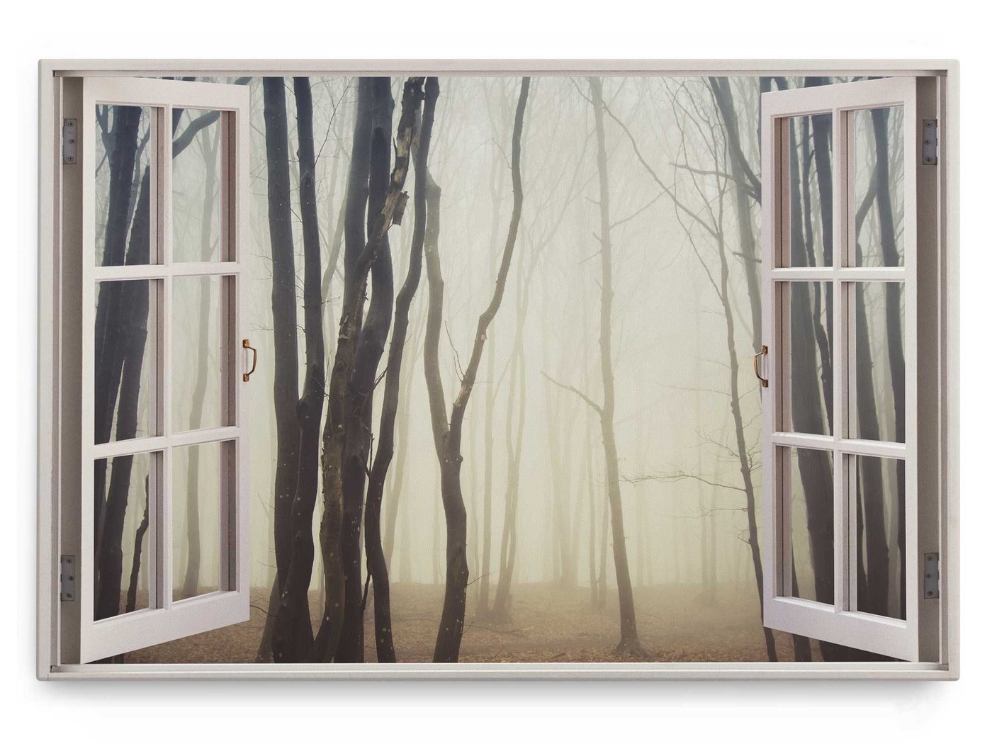 Sinus Art Leinwandbild Wandbild 120x80cm Fensterbild Bäume Wald Nebel Natur Baumstämme, (1 St) von Sinus Art