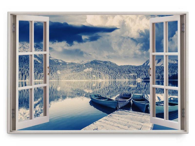Sinus Art Leinwandbild Wandbild 120x80cm Fensterbild Berge Bergsee Natur Boote Steg Blau, (1 St) von Sinus Art