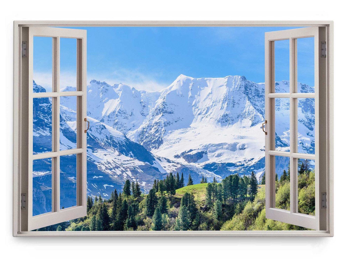 Sinus Art Leinwandbild Wandbild 120x80cm Fensterbild Berge Gebirge Blau Weiß Schnee Natur Wal, (1 St) von Sinus Art