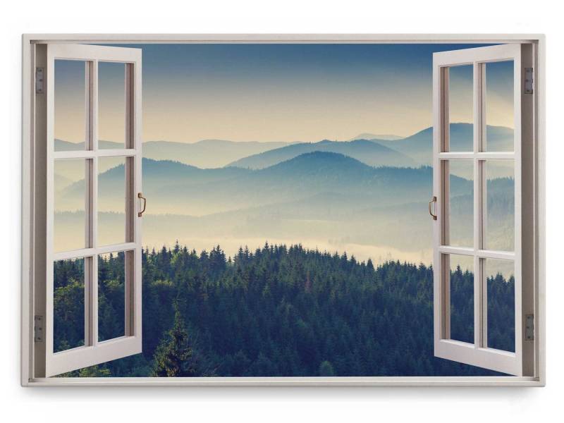 Sinus Art Leinwandbild Wandbild 120x80cm Fensterbild Berge Tannen Wald Tannenwald Grün Natur, (1 St) von Sinus Art