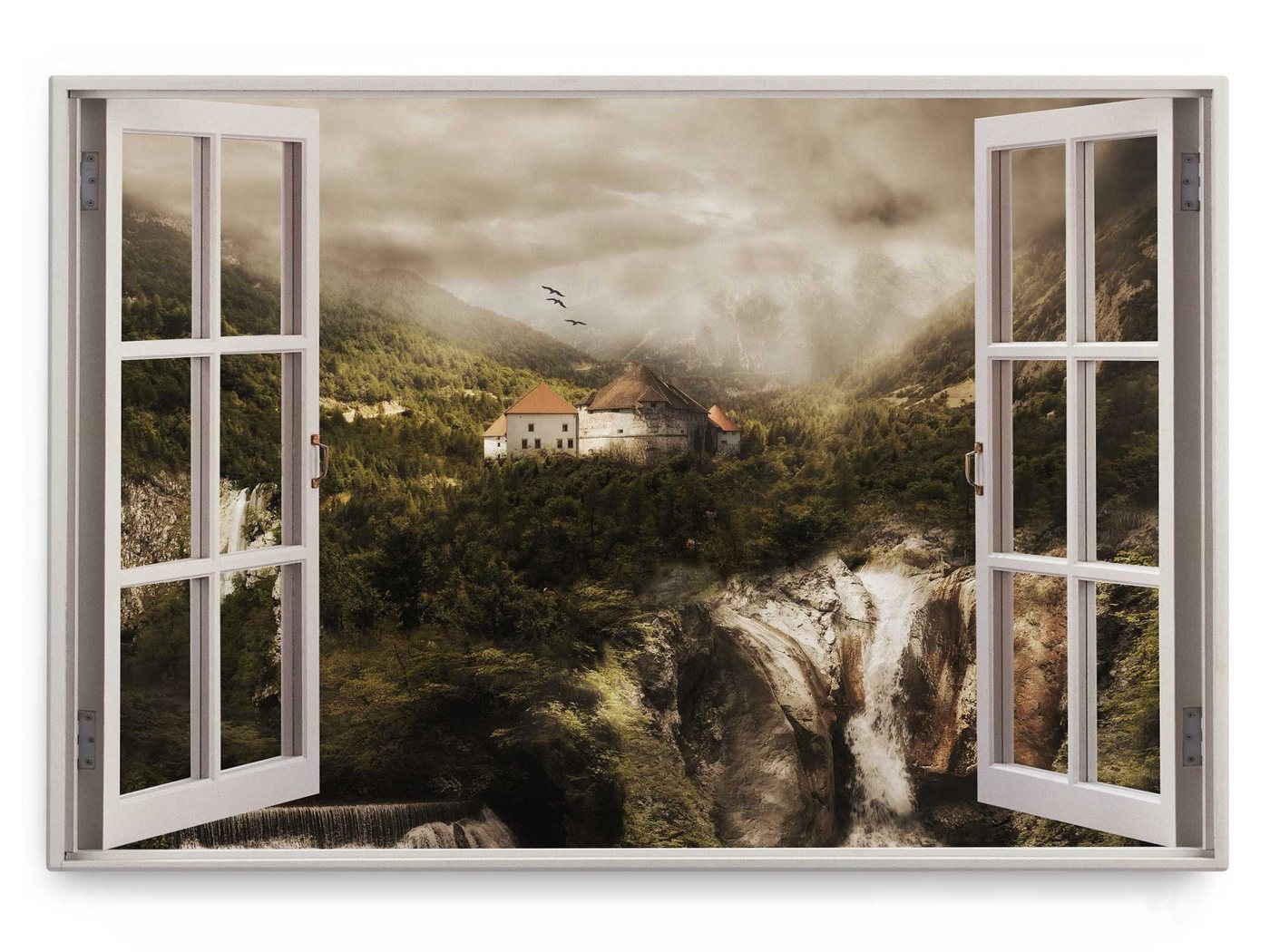 Sinus Art Leinwandbild Wandbild 120x80cm Fensterbild Berge Wasserfall Kloster Schloss Nebel N, (1 St) von Sinus Art
