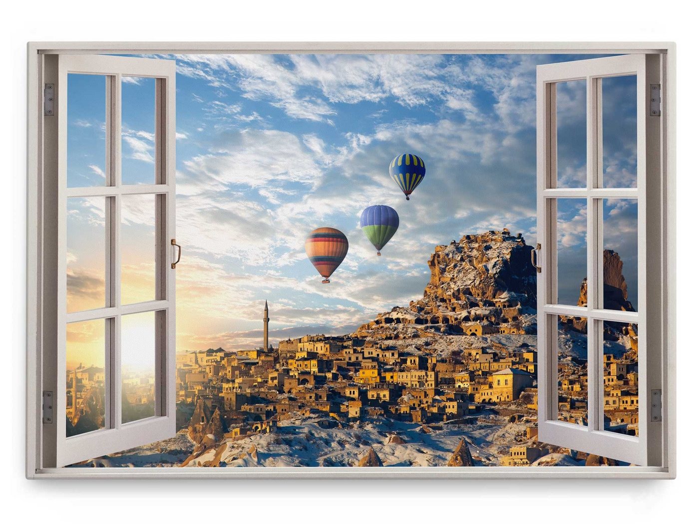 Sinus Art Leinwandbild Wandbild 120x80cm Fensterbild Historische Stadt Sonnenuntergang Heißlu, (1 St) von Sinus Art
