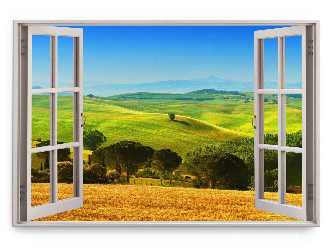 Sinus Art Leinwandbild Wandbild 120x80cm Fensterbild Hügellandschaft Natur Felder blauer Himm, (1 St) von Sinus Art