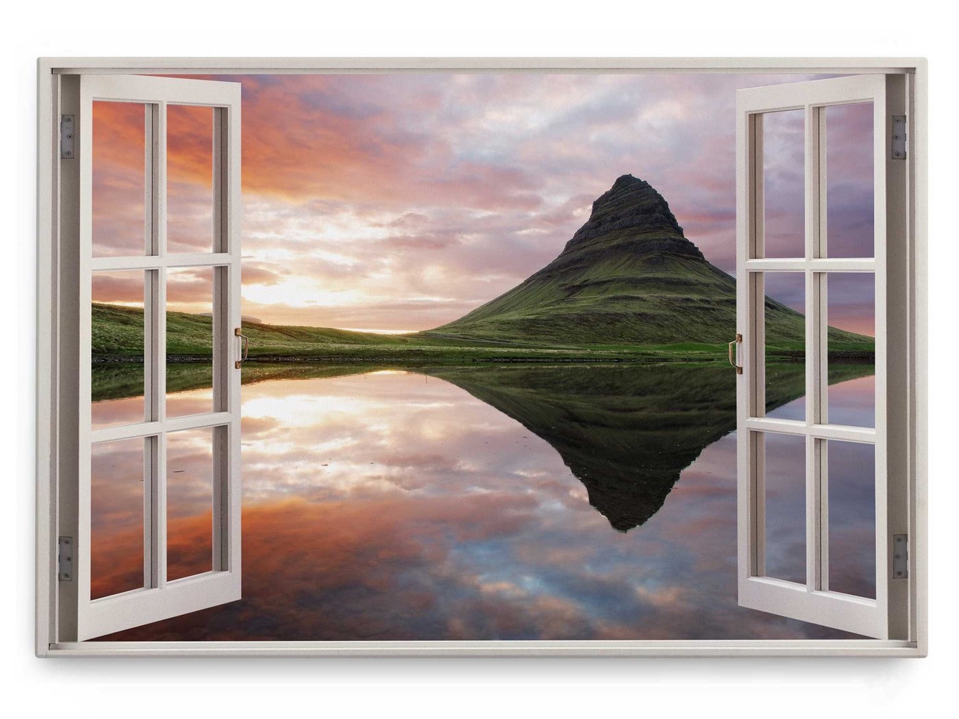 Sinus Art Leinwandbild Wandbild 120x80cm Fensterbild Island Berg See Abenddämmerung Natur Grü, (1 St) von Sinus Art