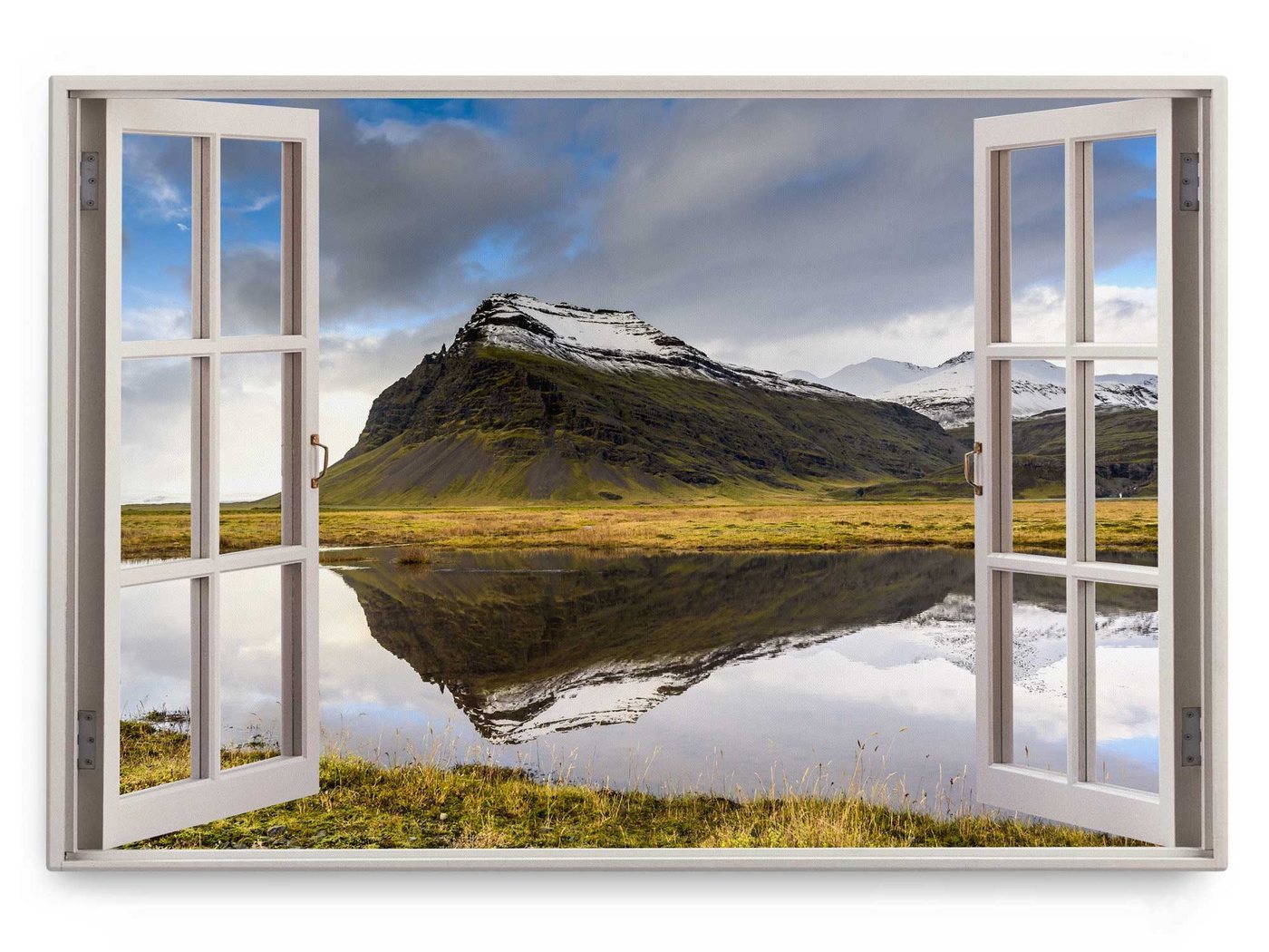 Sinus Art Leinwandbild Wandbild 120x80cm Fensterbild Island Landschaft Berge See Natur Grün, (1 St) von Sinus Art