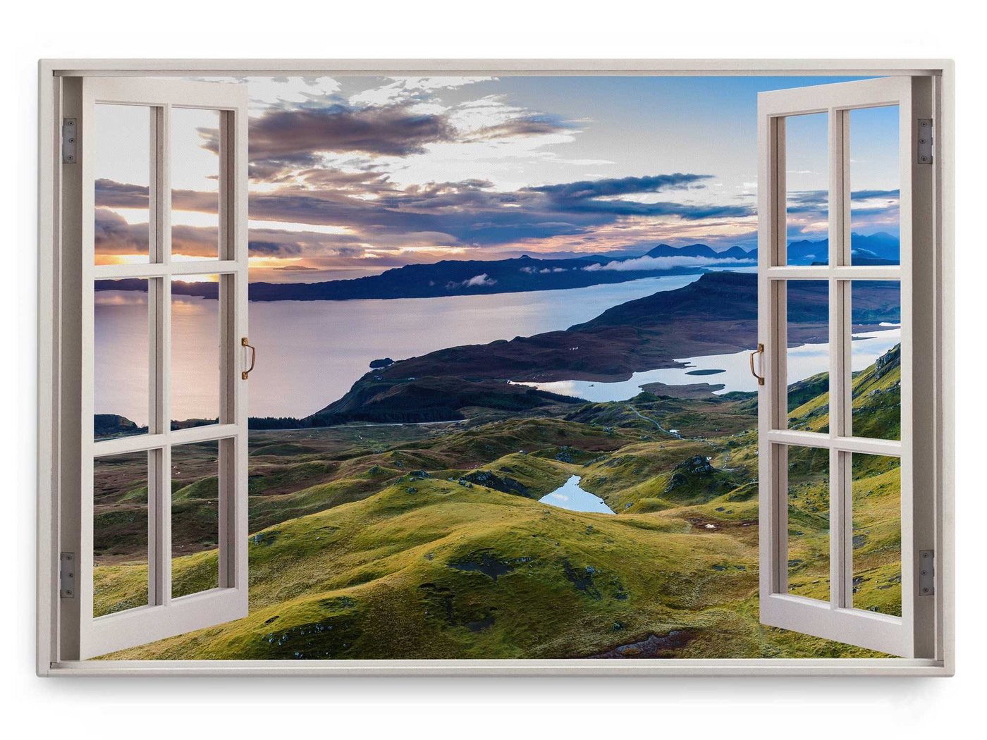 Sinus Art Leinwandbild Wandbild 120x80cm Fensterbild Island Natur Meer Bucht Grün Landschaft, (1 St) von Sinus Art