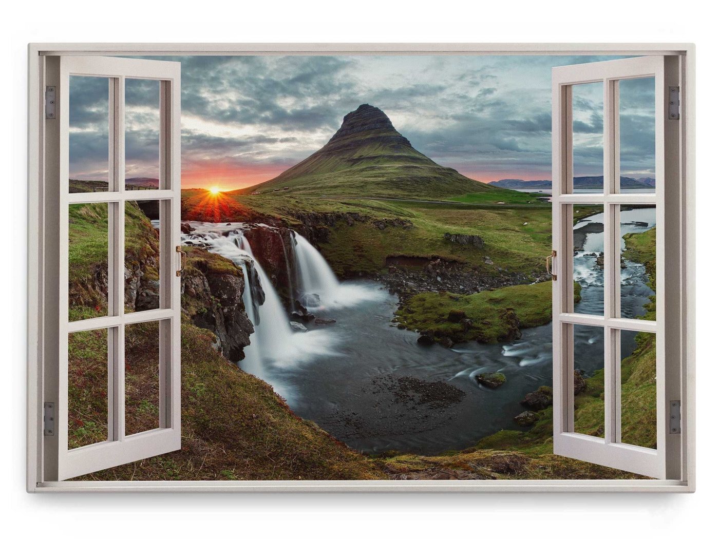 Sinus Art Leinwandbild Wandbild 120x80cm Fensterbild Island Sonnenuntergang Wasserfälle Natur, (1 St) von Sinus Art