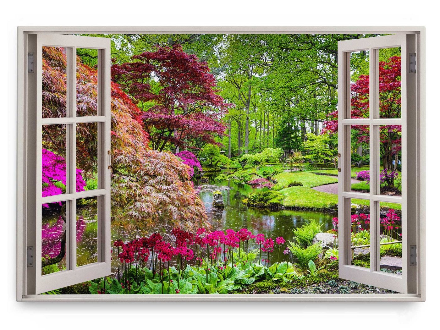 Sinus Art Leinwandbild Wandbild 120x80cm Fensterbild Japanischer Garten Grün Natur Park Teich, (1 St) von Sinus Art