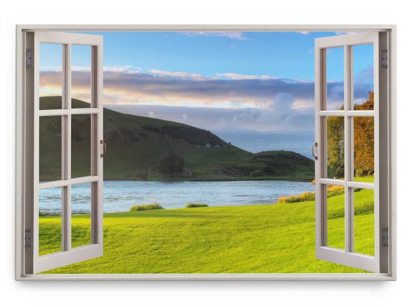 Sinus Art Leinwandbild Wandbild 120x80cm Fensterbild Landschaft Natur Fluss Grün Berge Sonnen, (1 St) von Sinus Art
