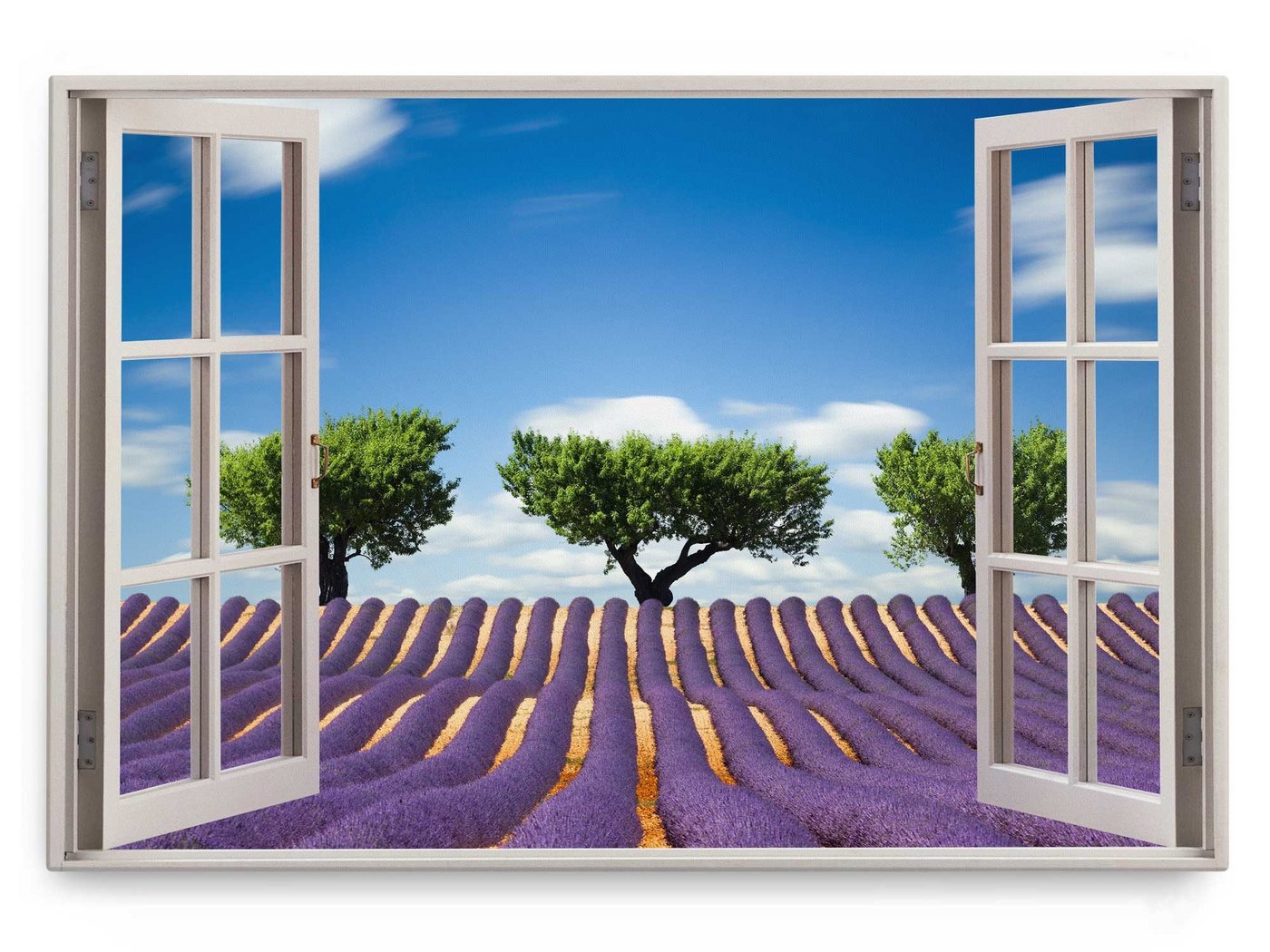 Sinus Art Leinwandbild Wandbild 120x80cm Fensterbild Lavendelfeld Lavendel Violett Natur blau, (1 St) von Sinus Art