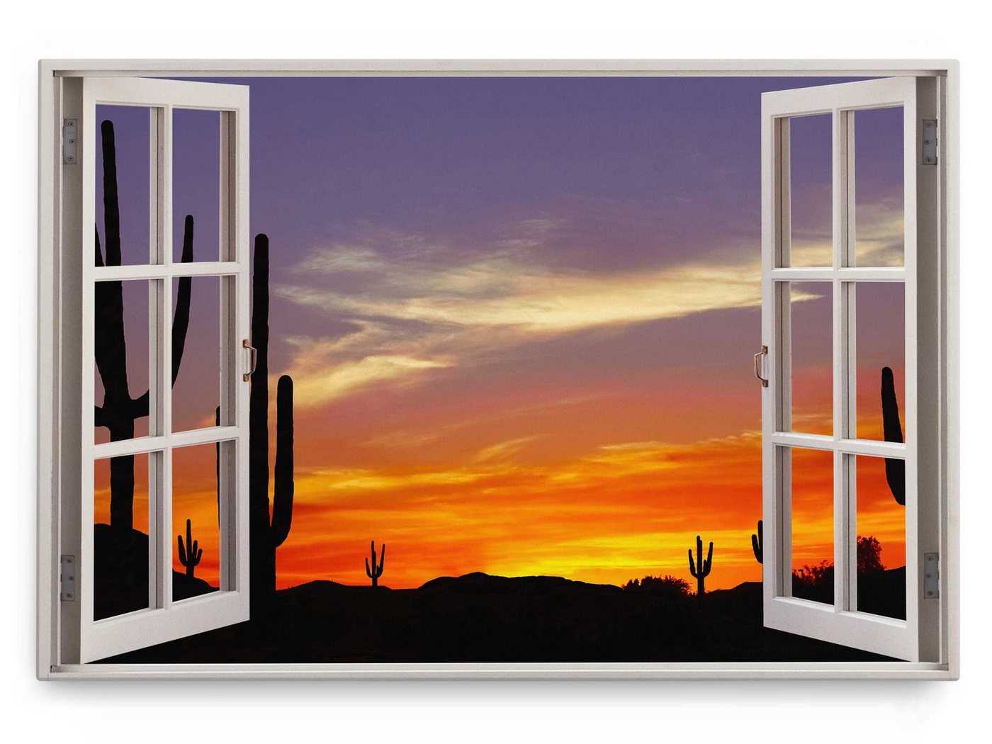 Sinus Art Leinwandbild Wandbild 120x80cm Fensterbild Mexikanische Landschaft Kaktus Sonnenunt, (1 St) von Sinus Art