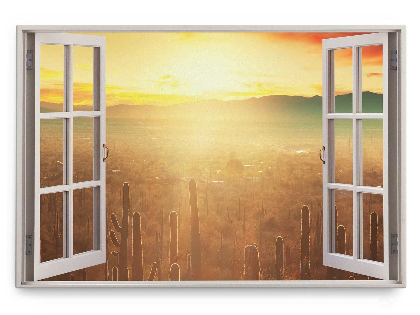 Sinus Art Leinwandbild Wandbild 120x80cm Fensterbild Mexiko Wüste Kaktus Sonnenuntergang Sonn, (1 St) von Sinus Art