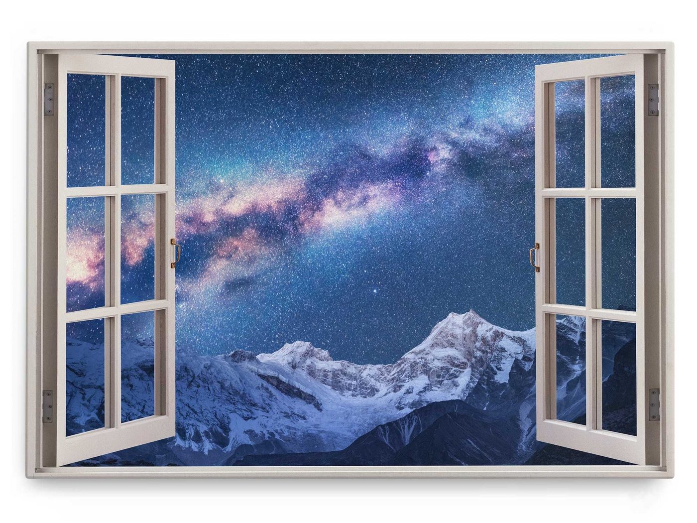 Sinus Art Leinwandbild Wandbild 120x80cm Fensterbild Nacht Berge Schneegipfel Galaxie Astrofo, (1 St) von Sinus Art