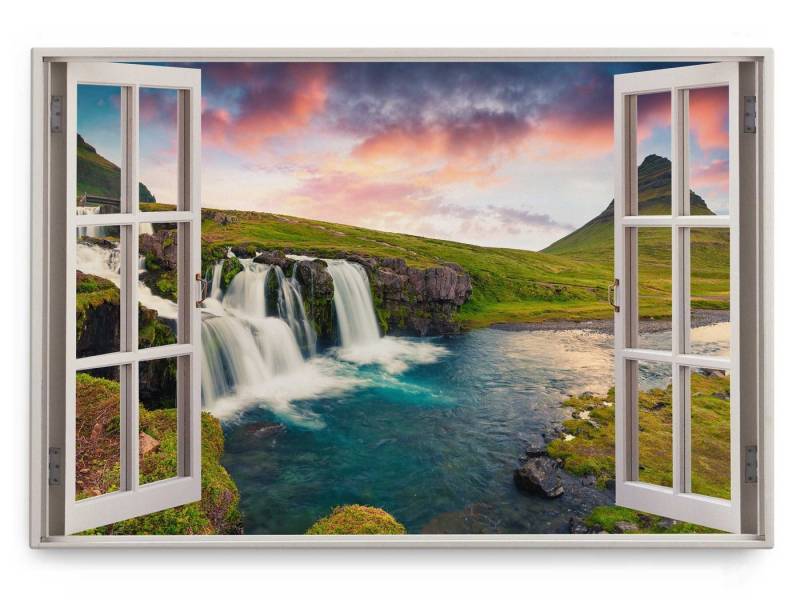 Sinus Art Leinwandbild Wandbild 120x80cm Fensterbild Natur Berge Wasserfall Island Grün Fluss, (1 St) von Sinus Art