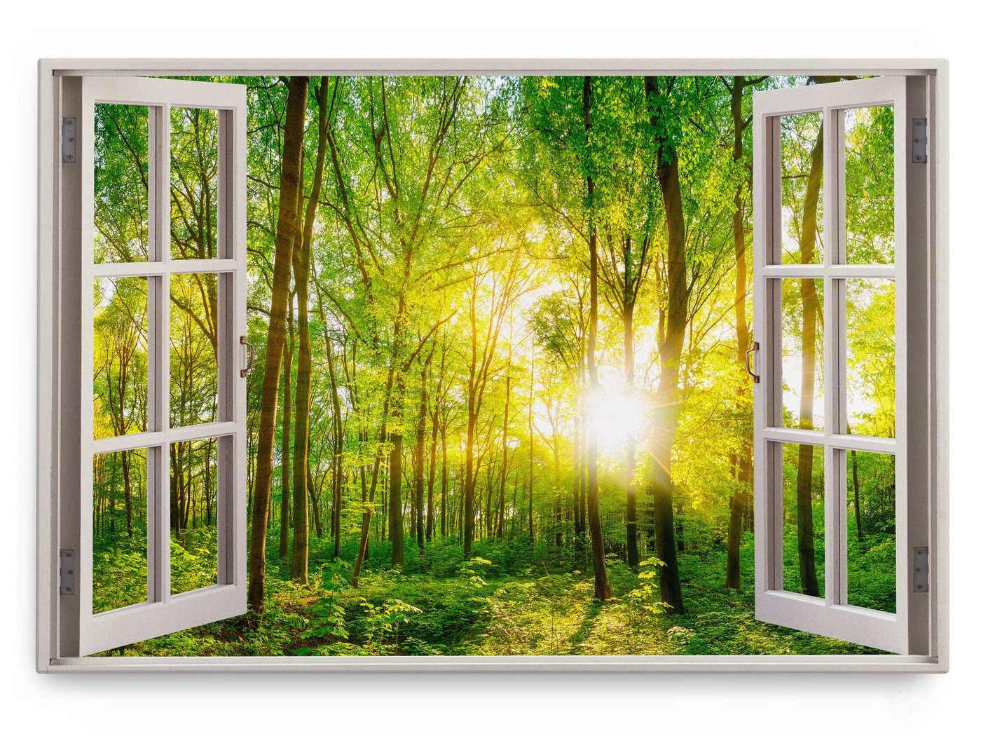 Sinus Art Leinwandbild Wandbild 120x80cm Fensterbild Natur grüner Wald Bäume Baumkronen Sonne, (1 St) von Sinus Art