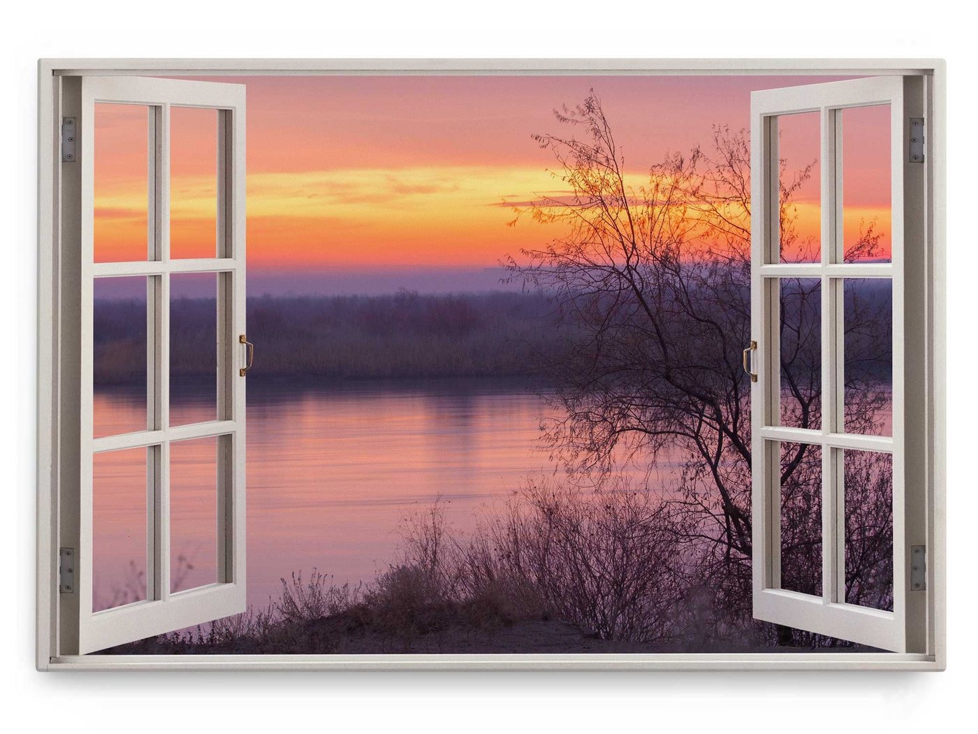 Sinus Art Leinwandbild Wandbild 120x80cm Fensterbild See Natur roter Horizont Sonnenuntergang, (1 St) von Sinus Art