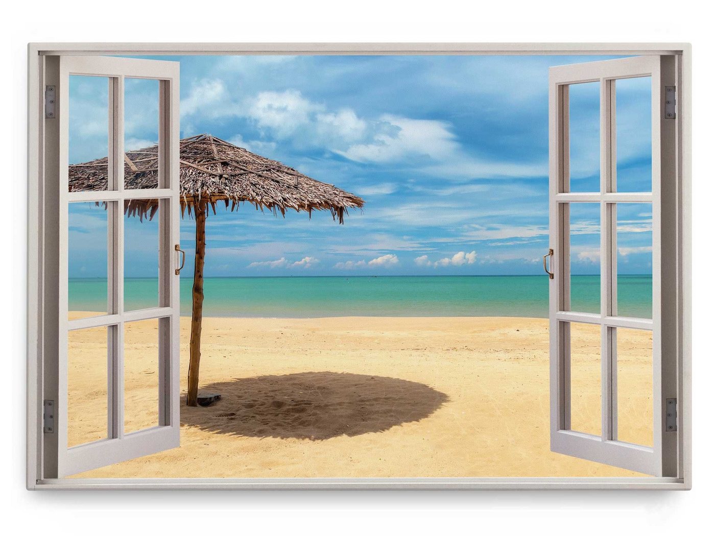 Sinus Art Leinwandbild Wandbild 120x80cm Fensterbild Sonnenschirm Strand Meer Horizont blauer, (1 St) von Sinus Art