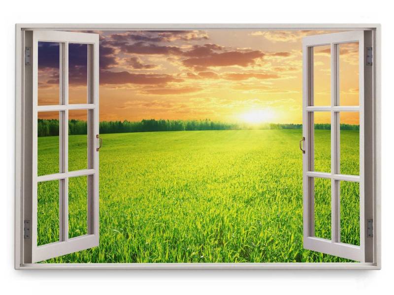 Sinus Art Leinwandbild Wandbild 120x80cm Fensterbild Sonnenuntergang Feld Grün Natur Landscha, (1 St) von Sinus Art