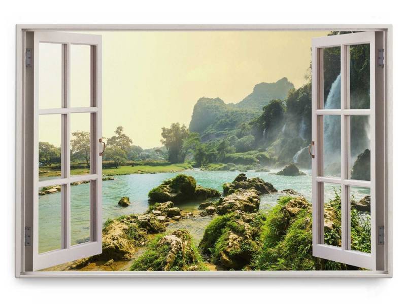 Sinus Art Leinwandbild Wandbild 120x80cm Fensterbild Vietnam Wasserfälle Grün Natur Tropisch, (1 St) von Sinus Art