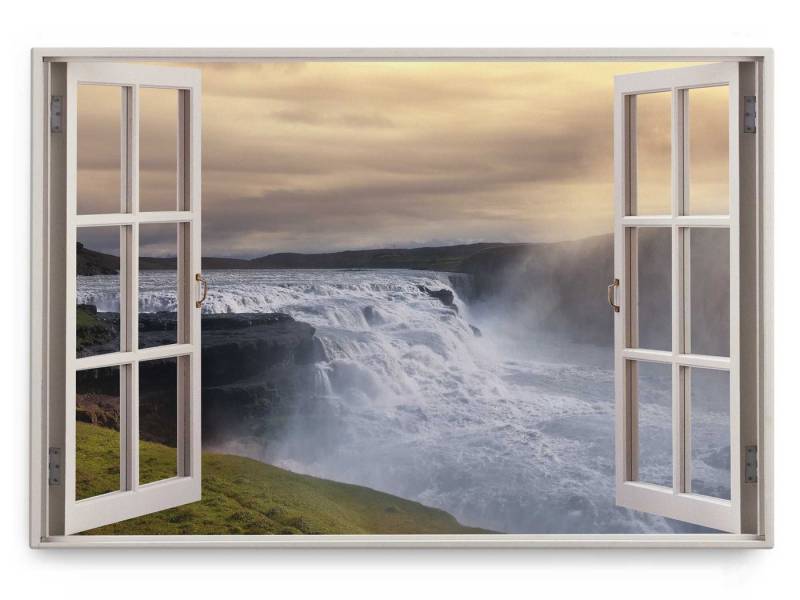Sinus Art Leinwandbild Wandbild 120x80cm Fensterbild Wasserfall Gullfoss Island Natur Wasser, (1 St) von Sinus Art