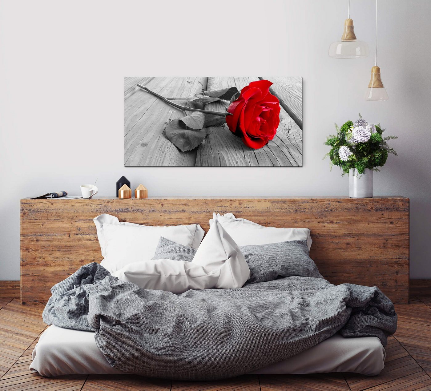 Sinus Art Leinwandbild rote Rose auf Holzboden Wandbild in verschiedenen Größen von Sinus Art