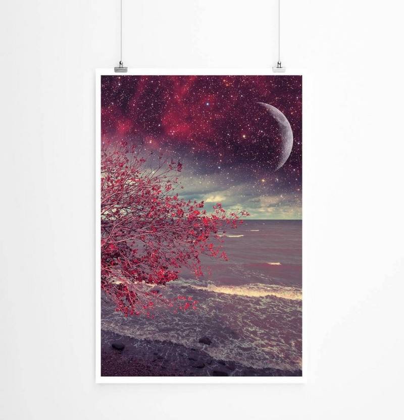 Sinus Art Poster Fotocollage 60x90cm Poster Roter Baum am Strand bei Nacht von Sinus Art