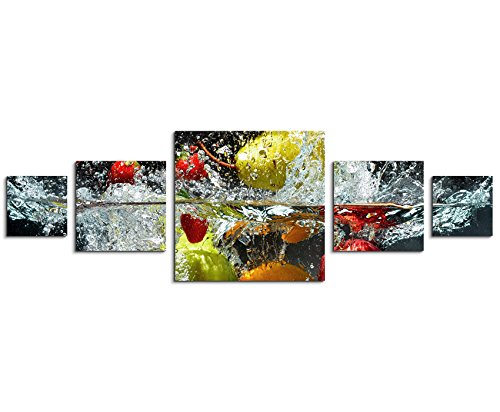 Sinus Art Wandbild 5 teilig 160x50cm - Food-Fotografie – Obst im spritzenden Wasser von Paul Sinus Art