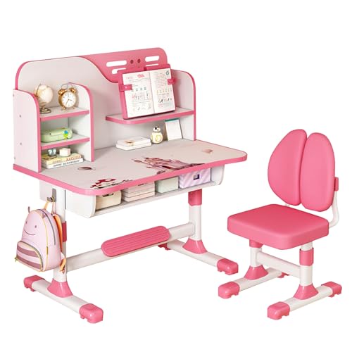Sinuyie 2Pcs/Set Premium Kinder Schreibtisch und Stuhl Set, höhenverstellbare Studie Tabelle mit großen Schreibtafel, Bücherregal & Schublade, Ergonomische Schule Kinder Schreibtisch Stuhl Kit Rosa von Sinuyie