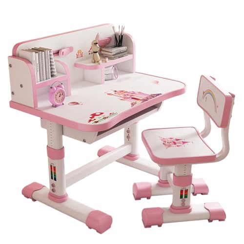 Sinuyie Funktioneller Kinderschreibtisch mit Stuhl, höhenverstellbarer Kinderschreibtisch mit Bücherregal, Schublade und großer Schreibtafel, ergonomischer Tischstuhl für Jungen und Mädchen, Rosa Sinuyie Funktioneller Kinderschreibtisch mit Stuhl, höhenverstellbarer Kinderschreibtisch mit Bücherregal, Schublade und großer Schreibtafel, ergonomischer Tischstuhl für Jungen und Mädchen, Rosa von Sinuyie