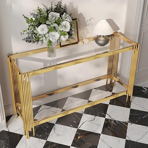 Sinyuyong Konsolentisch mit goldenem Rahmen und Platte aus gehärtetem Glas, 2-stufiger moderner Sofatisch mit unterer Ablage for die Einrichtung von Wohnzimmer und Büro(A) von Sinyuyong