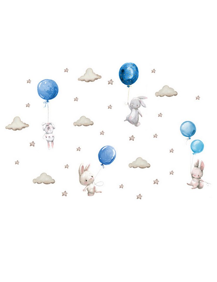 Sipo Wandbild Wandaufkleber Hase, Sterne, Blaue Luftballons von Sipo