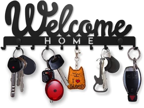 SirHoldeer Schlüsselbrett Modern, Welcome Home Schlüsselhaken, Schlüsselhalter Wand, Schlüsselaufhänger mit 10 Haken, Schlüsselboard Schwarz, Key Holder Wall, Wanddeko Flur, Metall Deko von SirHoldeer