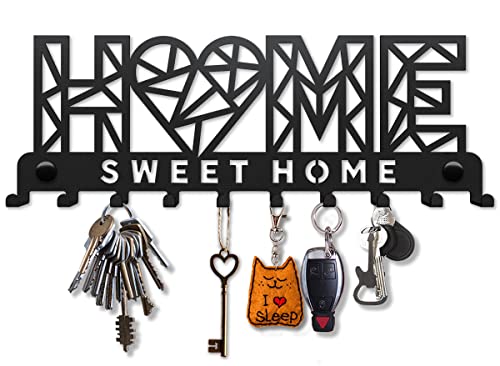 SirHoldeer Schlüsselbrett Modern, Home Sweet Home, Schlüsselhalter Wand, Schlüsselaufhänger mit 10 Haken, Schlüssel Aufbewahrung, Schlüsselboard Schwarz, Key Holder Wall, Wanddeko Metall von SirHoldeer