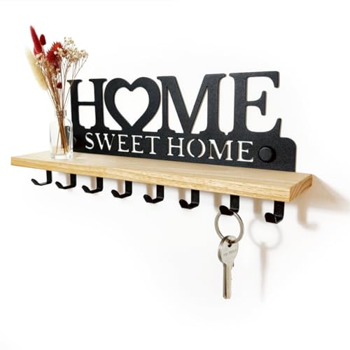 SirHoldeer Schlüsselbrett mit Ablage aus Echtholz & Metall | Wandorganizer mit 8 Haken für den Flur | Home Sweet Home Design zur Wandmontage von SirHoldeer