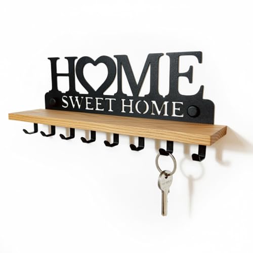 SirHoldeer Schlüsselbrett mit Ablage aus Echtholz & Metall | Wandorganizer mit 8 Haken für den Flur | Home Sweet Home Design zur Wandmontage von SirHoldeer