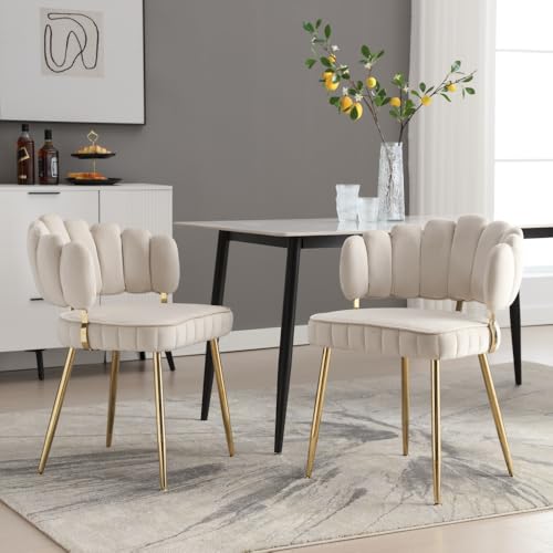 Samt Wohnzimmersessel 2er-Set bequemer Wohnzimmersessel mit Blüten-Rückenlehne und ergonomischen Eigenschaften für Esszimmer Wohnzimmer Büro (Elfenbein + Samt) von Sirearx