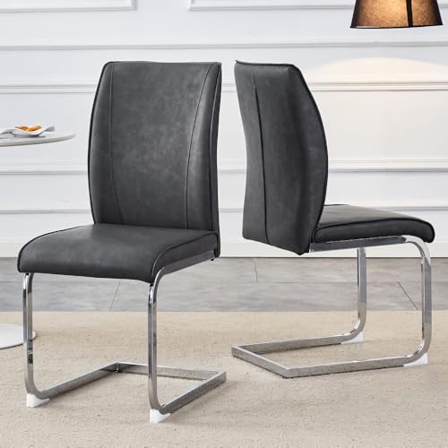 Set aus 2 eleganten Esszimmerstühlen mit Kunstleder in Pferdeleder-Optik, PU-Polsterung für hohen Sitzkomfort, Silberne Metallbeine, ideal für modernes Esszimmer und Zuhause (Dunkelgrau 2er-Set) von Sirearx