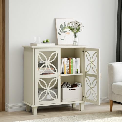 Sideboard Creme freistehender Badezimmerschrank mit Hartglastüren mit verstellbaren Einlegeböden moderner Retro-Küchenkonsolentisch Aufbewahrungsschrank von Sirearx