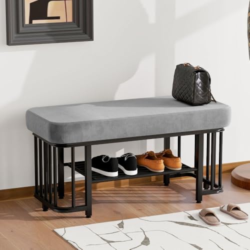 Stilvolle Schuhbank mit bequemer Samtsitzfläche Stabiler Metallrahmen und verstellbaren Füßen für Engen Flur Schlafzimmer und kleine Räume Grau Schwarz (Grau + Schwarz + Metall) von Sirearx