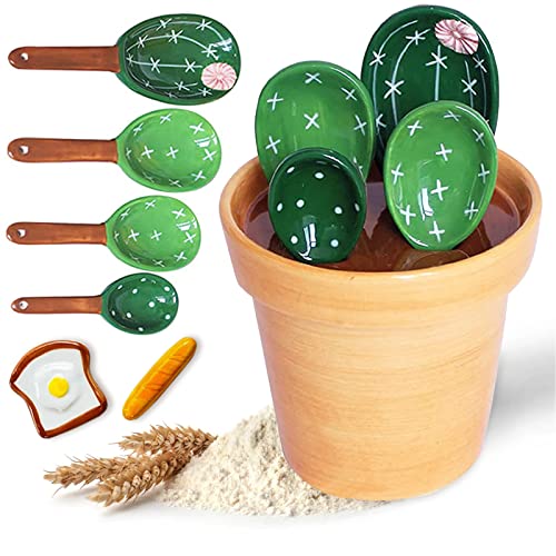 Kaktus-Messlöffel-Set im Topf mit Ständer, Keramik-Kakteen-Messlöffel-Set mit Messbecher zum Backen, Salz, Zucker (reines Grün) von Sirensky
