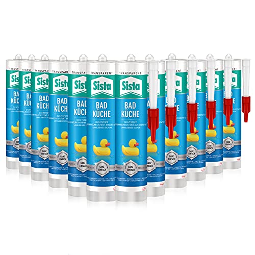 SISTA BAD KÜCHE transparent, Dichtstoff, schimmelresistent ausgestattetes, langlebiges Silikon für Küche und Bad, wasserdichter Fugenfüller, 12x280ml Kartusche von Sista