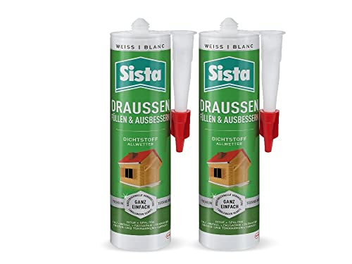 SISTA DRAUSSEN Füllen & Ausbessern, weißer Polymer Dichtstoff für den Außenbereich, wetterfestes Abdichten mit überstreichbarem Fugenfüller, 2x280ml Kartusche von Sista