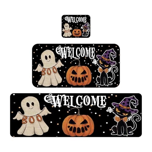 Halloween-Fußmatte, Küchenteppich-Set, Halloween-Willkommensmatte, Haustür-Teppich, Boo Geist, schwarze Katze, Kürbisse, Teppiche für drinnen und draußen, Halloween-Heimdekorationen Halloween-Fußmatte, Küchenteppich-Set, Halloween-Willkommensmatte, Haustür-Teppich, Boo Geist, schwarze Katze, Kürbisse, Teppiche für drinnen und draußen, Halloween-Heimdekorationen von Sistble