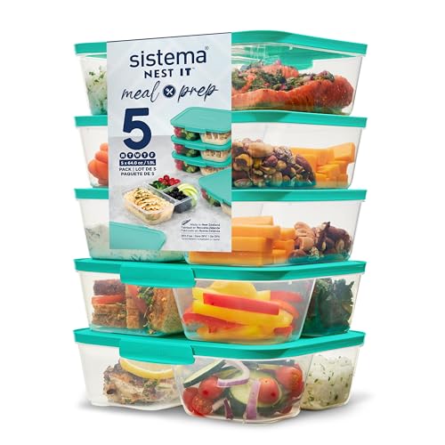 Sistema NEST IT Frischhaltedosen Meal Prep Boxen, 1,9 l, luftdichte Vorratsdosen mit Fächern und Deckeln, BPA-Frei, Grün, 5 Stück von Sistema