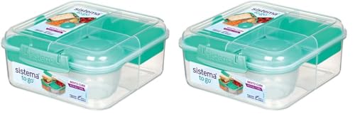 Sistema Bento Box TO GO Brotdose mit Fächern | 1,25 L Lunchbox mit Joghurt-/Fruchtbehälter | für Kinder & Erwachsene l | BPA-frei | Minty Teal [21685-8T], Mintgrün (Packung mit 2) von Sistema