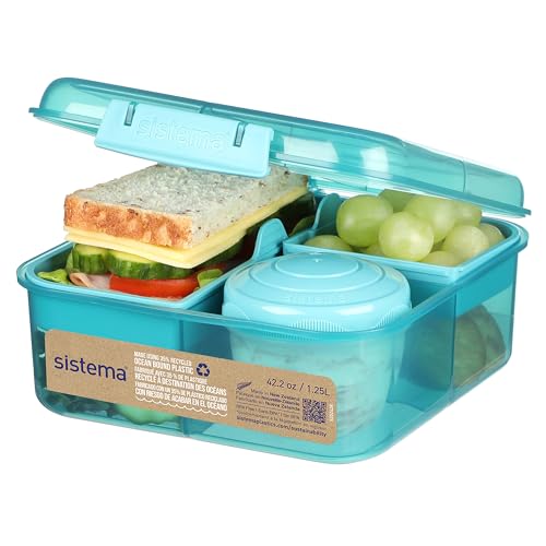 Sistema Bento Box TO GO | Lunchbox mit Joghurt-/Fruchtbehälter | 1,25 L | Aus recyceltem Kunststoff | Teal Stone von Sistema