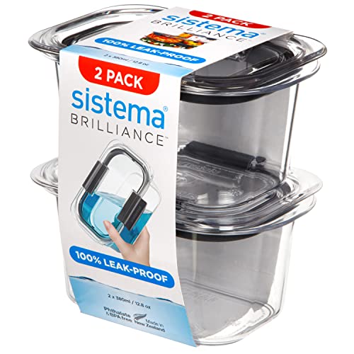 Sistema Brilliance Auslaufsicherer Aufbewahrungsbehälter für Lebensmittel | schmutz- und geruchsresistent | Mikrowellen-Dampfschlitze | 380 ml | BPA-frei | schwarze Clips | 2 Stück von Sistema