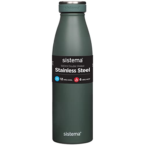 Sistema Hydrate Edelstahl-Wasserflasche | 500 ml, auslaufsichere, wiederverwendbare Flasche | doppelwandige Vakuumisolierung | hält Getränke 12 Stunden kühl & 6 Stunden warm | farblich sortiert [550] von Sistema